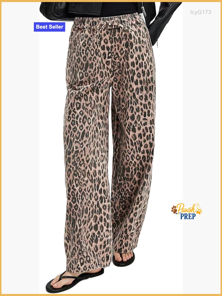 Women's Leopard Print Baggy Wide Leg Jeans Mid Rise Y2k Elastic Waist